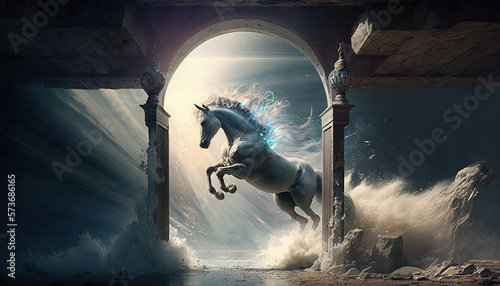 Abstract imagery showcasing the power of hope and faith with an ethereal powerful white horse. Generative AI.