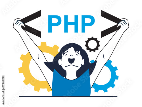 Web development concept with character situation. Happy woman working with program languages, coding and creates interface, doing tasks. Vector illustration with people scene in flat design for web