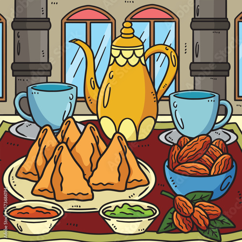 Ramadan Sambusa, Dates and Tea Colored Cartoon 
