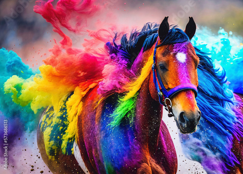 Foto abstract rainbow colorful galloping horse with exploding colors, generative AI