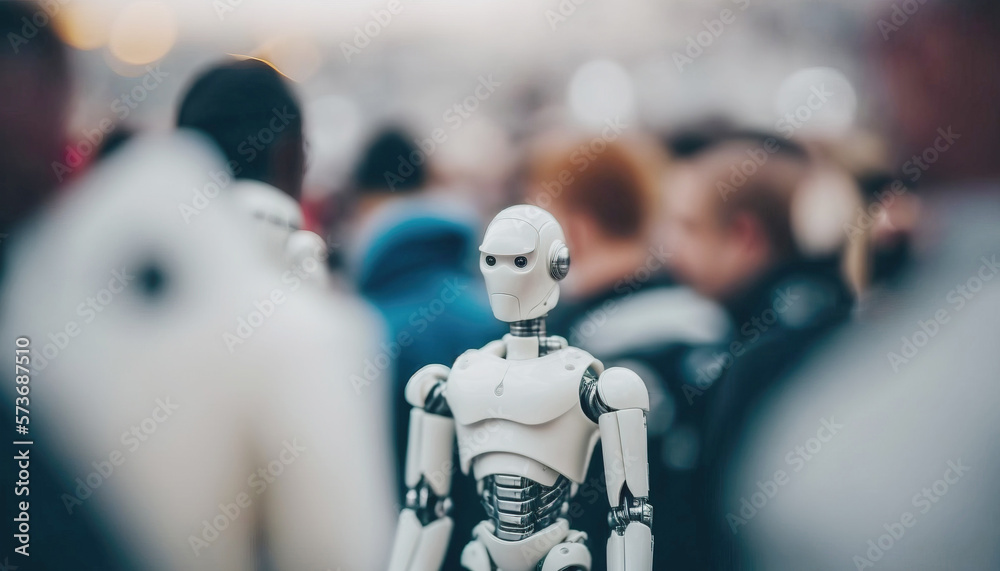 Modern android robot in a crowd of people. generative AI Modern android robot in a crowd of people. generative AI