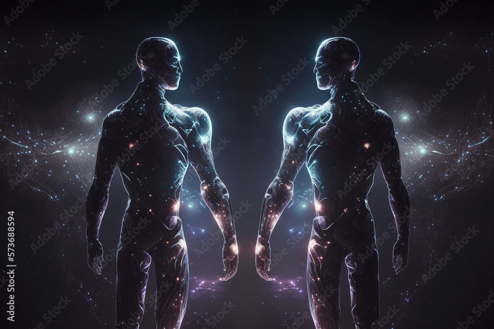 Cyborgs mirroring each other with a black backdrop, lights glowing 