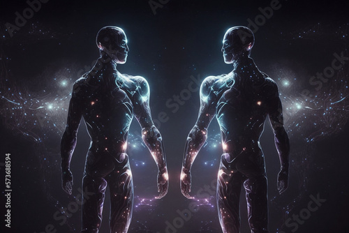 Cyborgs mirroring each other with a black backdrop, lights glowing 