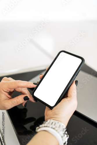 Mobile phone screen layout hands isolated screen transparent white background.