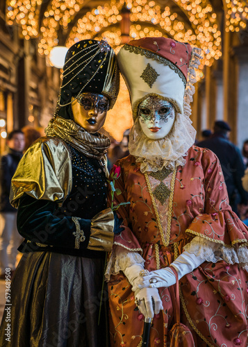 People wearing elaborate masks and costumes during the Venice carnival 