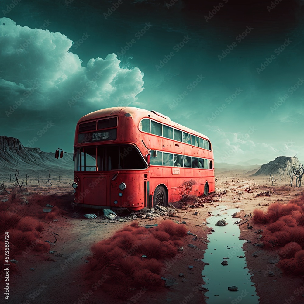 Red abandoned bus standing on a dystopian landscape. End of world