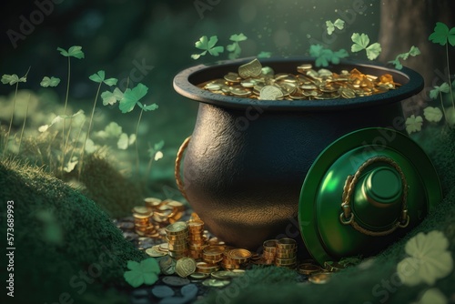 An illustration of a magic pot full of coins and a leprechaun's hat. St. Patrick's day concept. AI Generation