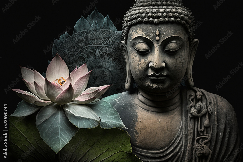 Spiritual Buddha statue meditating with lotus flower. Buddhist religion. Zen and enlightenment idea. Ai generated