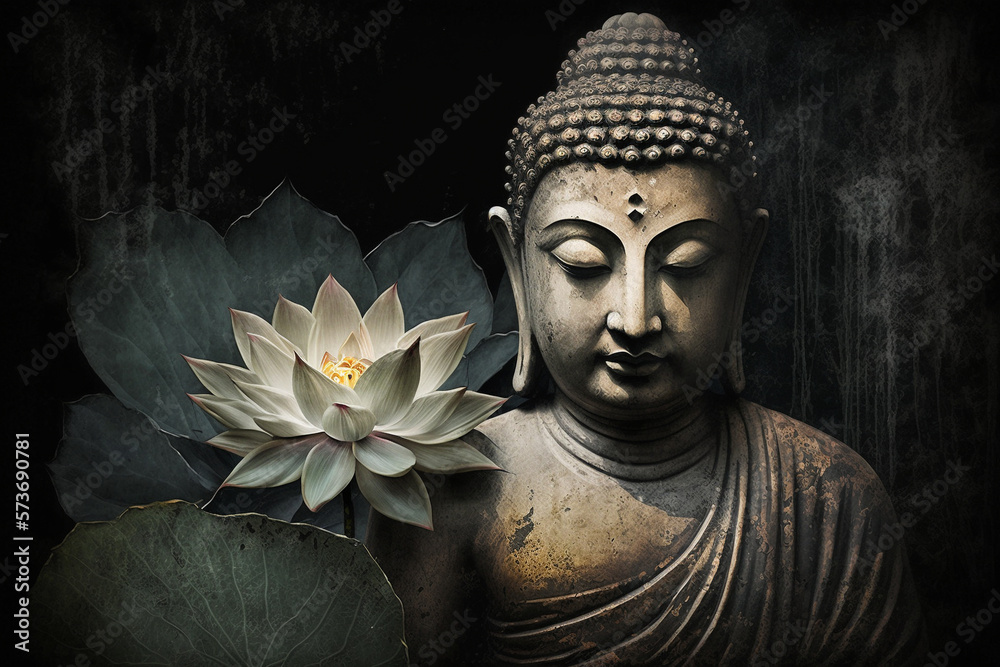 Spiritual Buddha statue meditating with lotus flower. Buddhist religion. Zen and enlightenment idea. Ai generated