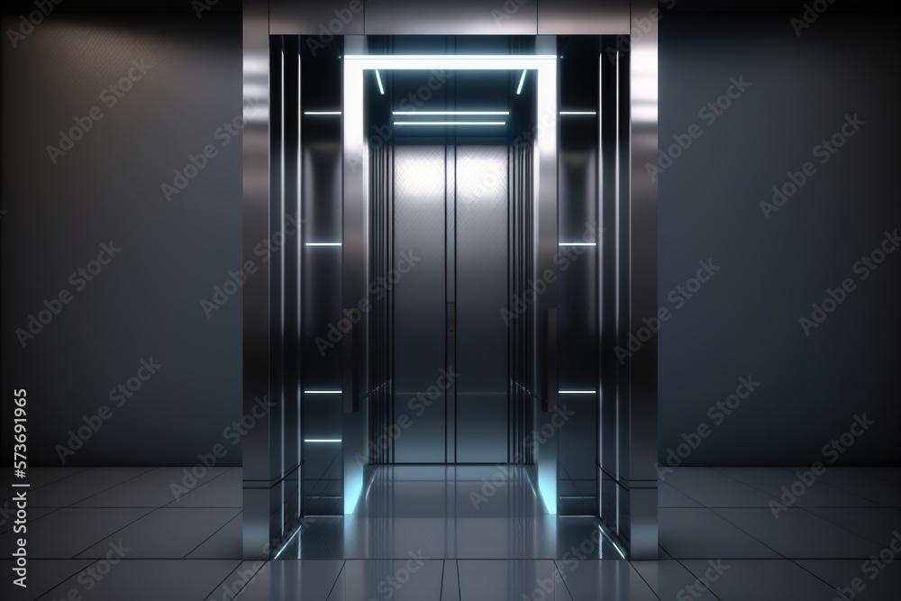 Iron elevator realistic composition with opened doors modern style. Ai. Illustration of luxury hotel or office building corridor interior lift Iron elevator realistic composition with opened doors modern style. Ai. Illustration of luxury hotel or office building corridor interior lift