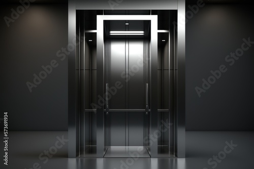 Iron elevator realistic composition with opened doors modern style. Ai. Illustration of luxury hotel or office building corridor interior lift