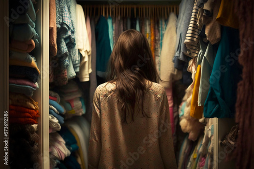 Young woman organizing her closet. Woman choosing clothes to wear. Wardrobe full of disorganized clothes and clothes hanging. Organization of spaces and wardrobe. Excess clothing. Disorder. generative