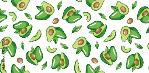 Seamless pattern with avocado. Healthy vegan food. Vector hand drawn illustration for textile, food packaging and cosmetics.