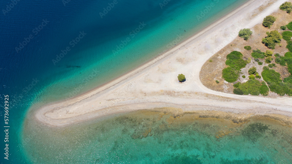 Aerial drone photo of paradise volcanic white sand beaches in tropical destination atoll islet complex 