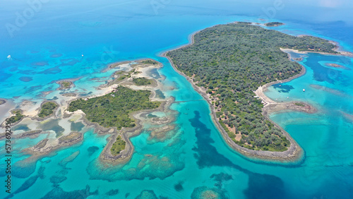 Aerial drone photo of paradise complex volcanic islands of Lichadonisia in North Evia, Greece photo