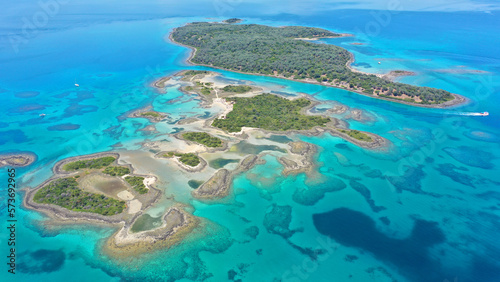 Aerial drone photo of paradise complex volcanic islands of Lichadonisia in North Evia, Greece photo