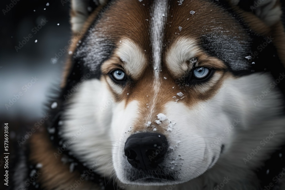 Photo taken up close of a husky dog. A lonely Siberian husky lays in the snow, depressed. Generative AI