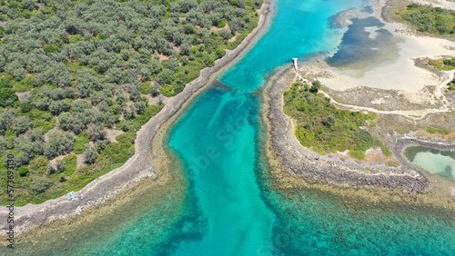 Aerial drone photo of paradise volcanic white sand beaches in tropical destination atoll islet complex 