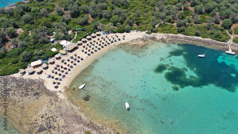 Aerial drone photo of paradise complex volcanic islands of Lichadonisia in North Evia, Greece