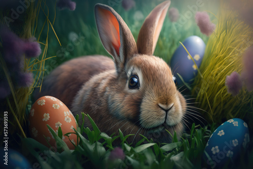 Generative AI. Fluffy easter bunny and colored Easter eggs on green grass