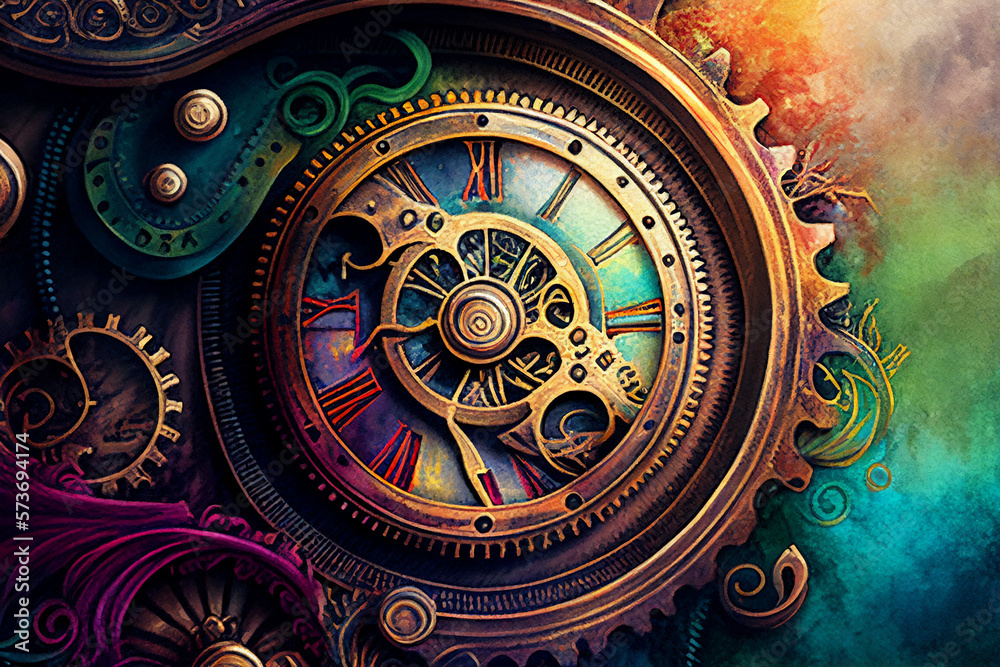 A painting of a steampunk and Victorian-style clock with gears and details