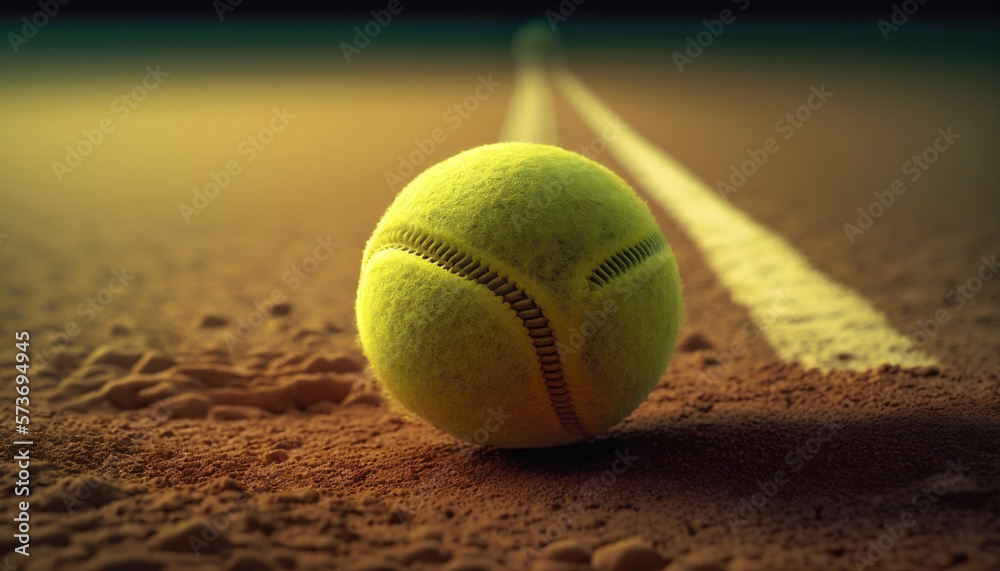 close up of tennis ball on the red tennis court, generative ai