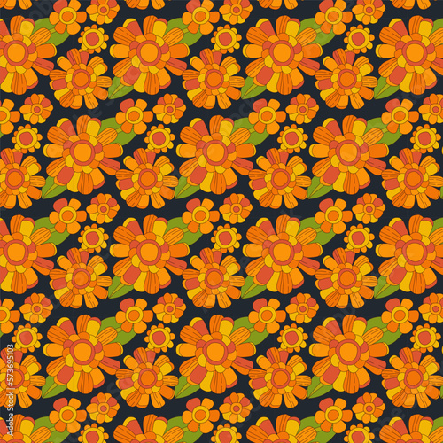 Orange  yellow daisy  chamomile flowers on dark background. Boho style colorful floral seamless pattern in 70s  hippie  and groovy aesthetics. Colorful retro design for print  fashion purposes