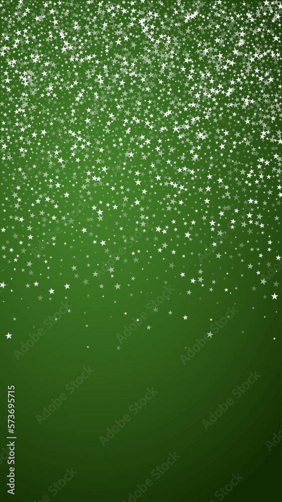 Snowy christmas background. Subtle flying snow flakes and stars on christmas green background. Delicate sweet snowy christmas. Vertical vector illustration.