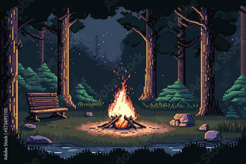 Pixel art game background with a camp fire in the forest. Generative AI. photo