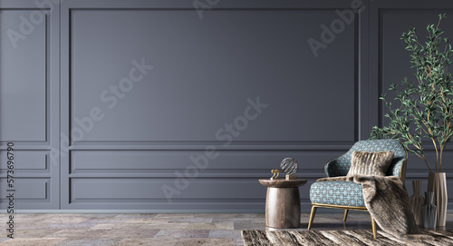 Quadro em tela Interior of modern living room with accent coffee table, classical patterned armchair and fur plaid on it
