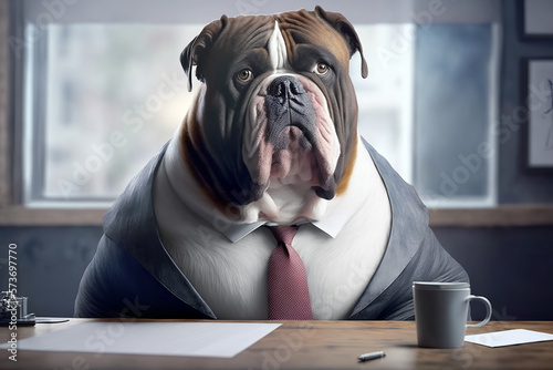 A fat dog is sitting at the office table in front of a computer. Sedentary lifestyle concept, generative ai