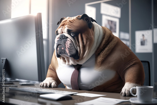 A fat dog is sitting at the office table in front of a computer, office manager. Sedentary lifestyle concept, generative ai