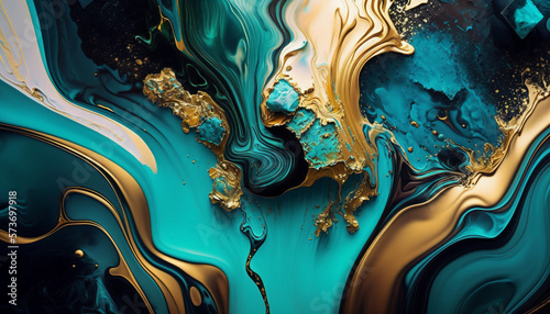 Abstract paint background, gold and turquoise liquid texture, modern stylish wallpaper. Generative AI