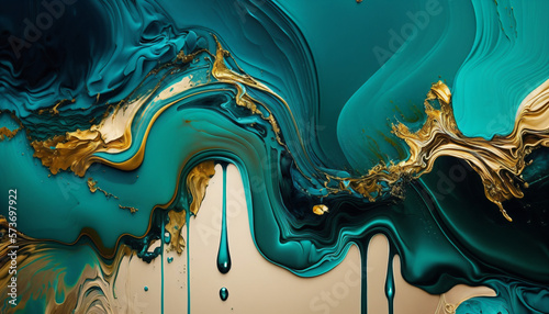 Abstract paint background  gold and turquoise liquid texture  modern stylish wallpaper. Generative AI
