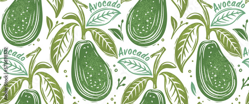Seamless pattern with avocado. Healthy vegan food. Stamp printing. Hand drawn vector illustration in vintage style. Graphic fruits isolated on a background. Wood block print elements.