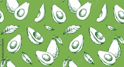 Seamless pattern with avocado. Healthy vegan food. Vector monochrome hand drawn illustration. 