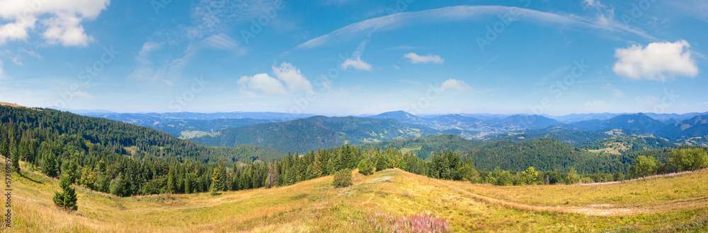 Summer mountain country panorama (Ukraine, Carpathian Mountains).