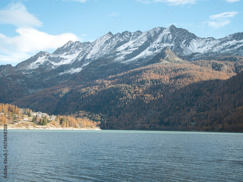 Ceresole Reale lake in autumn. Alps, Italy.