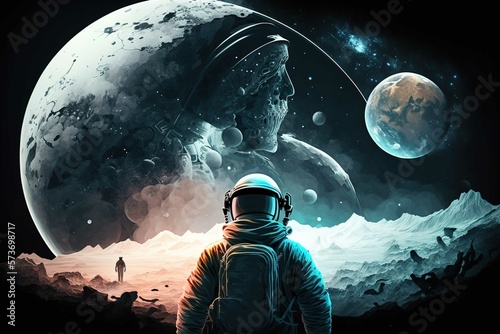 astronaut starring at a planet destruction far away at the end of the panoramic view