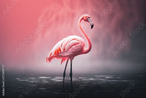A single pink flamingo poses against a pristine, pastel colored, feminine backdrop. Generative AI