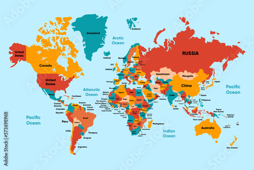 World Map with Country Name and Detailed Country Colors Territory