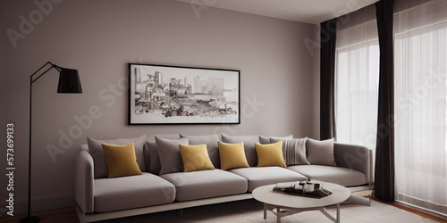 Elegant and comfortable designed living room with big corner sofa. Interior design modern apartment. Generative AI.