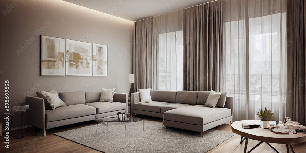 Fototapeta premium Elegant and comfortable designed living room with big corner sofa. Interior design modern apartment. Generative AI.