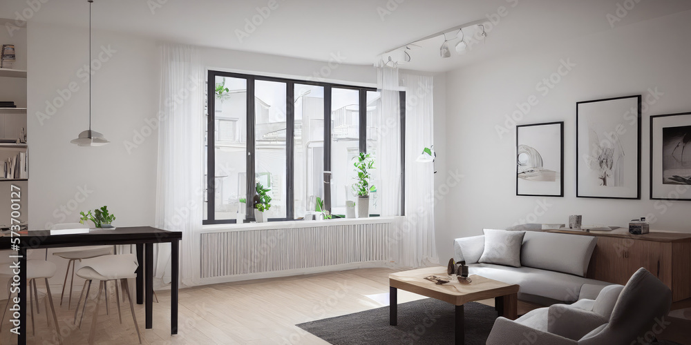 Fototapeta premium Stylish scandinavian composition of living room with design armchair, mock up poster frame, personal accessories in modern home decor. Generative AI.