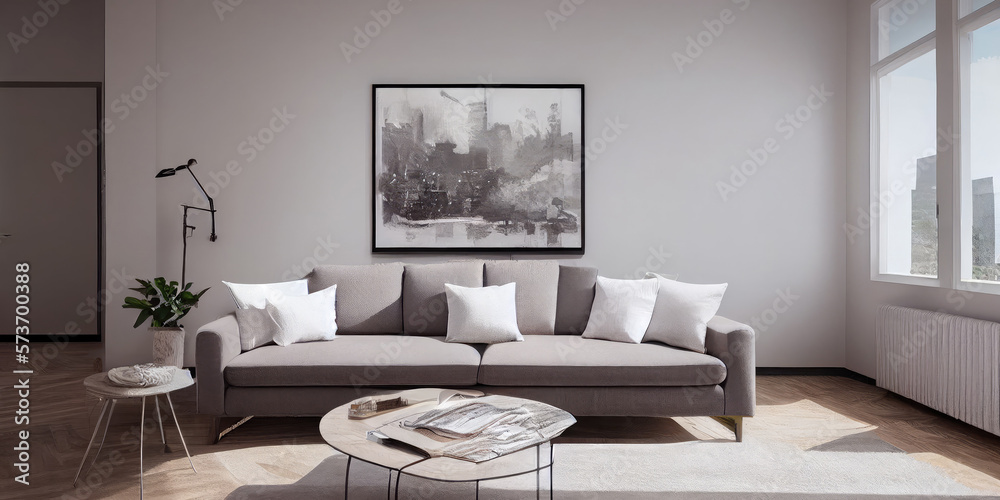 Elegant and comfortable designed living room with big corner sofa. Interior design modern apartment. Generative AI. Elegant and comfortable designed living room with big corner sofa. Interior design modern apartment. Generative AI.