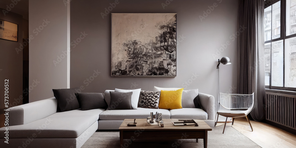 Elegant and comfortable designed living room with big corner sofa. Interior design modern apartment. Generative AI. Elegant and comfortable designed living room with big corner sofa. Interior design modern apartment. Generative AI.