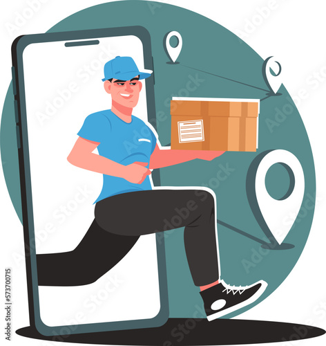 Shipping online, courier quickly delivers goods to address. Stock vector illustration.