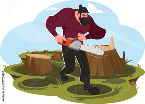 Man lumberjack with chainsaw is sawing trees. 
