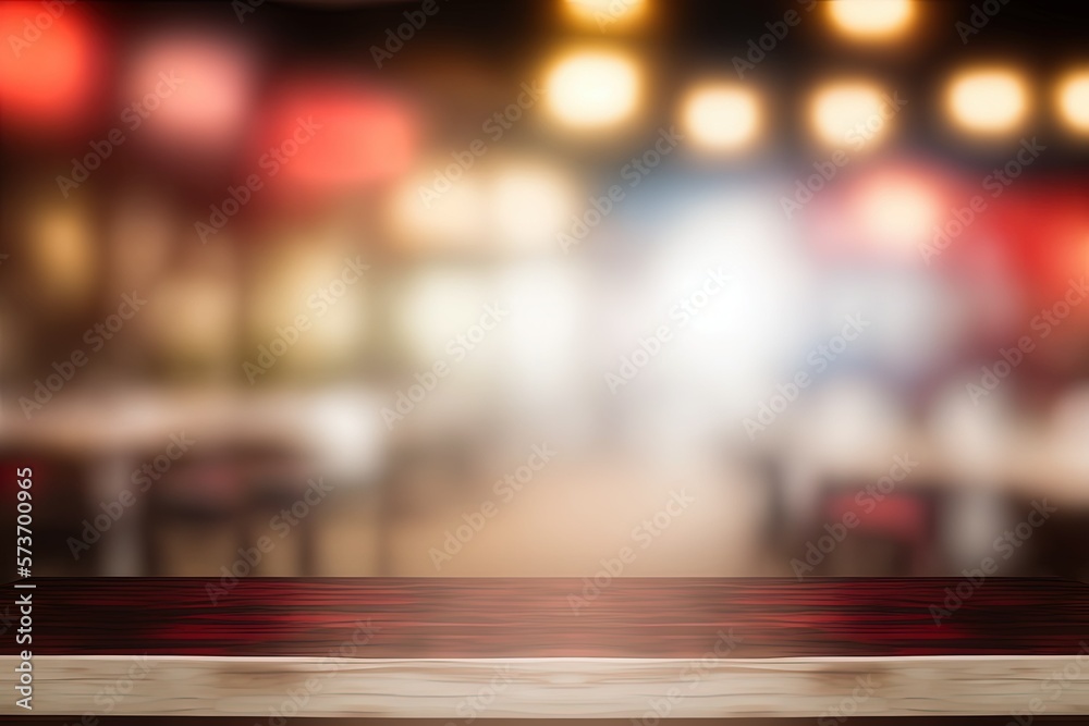 Blurred restaurant background with a single empty wooden table in the front and a bokeh of lights in the background. Generative AI