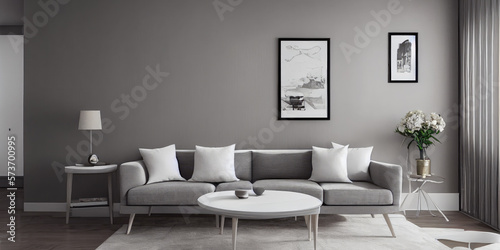 Elegant and comfortable designed living room with big corner sofa. Interior design modern apartment. Generative AI.